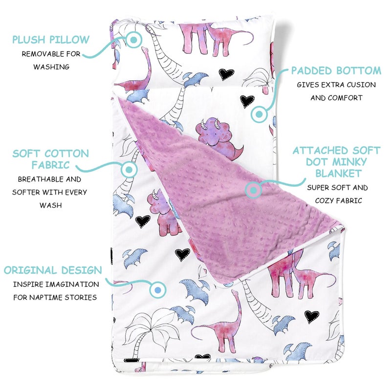 JumpOff Jo Nap Mat for Kids - Cozy Kids Rest Mat with Removable Pillow and Ultra Soft Blanket for Preschool, Daycare, and Sleepovers - Pink Dino - Image 2